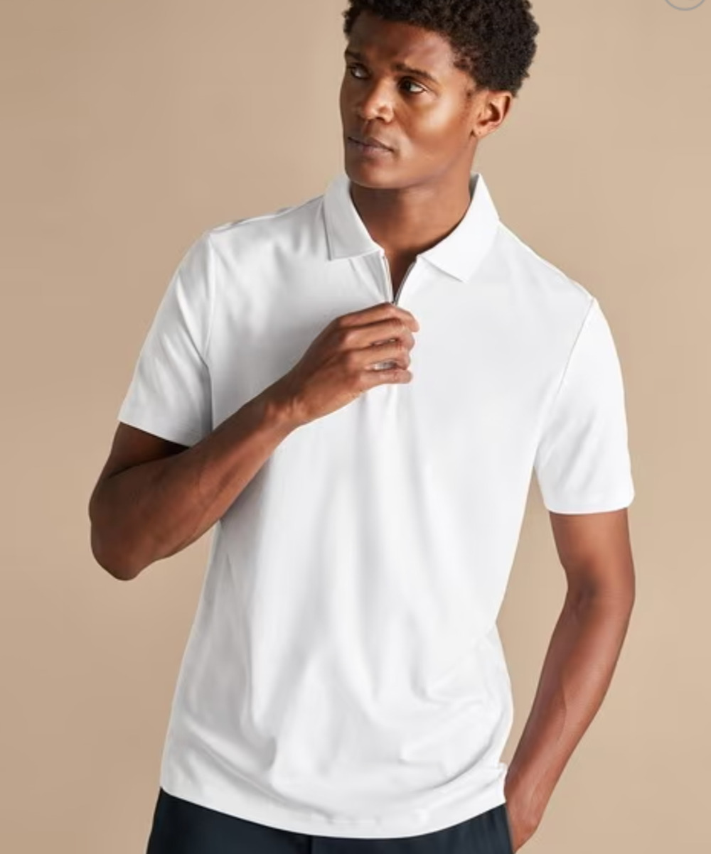 Charles Tyrwhitt Mercerized Cotton Short Sleeve Zipper Polo Shirt White XXL